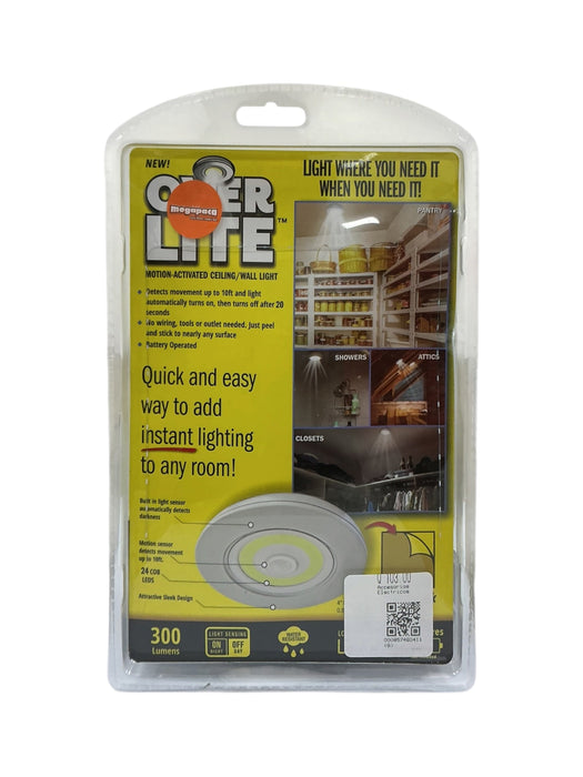 Over Lite Megapack - vista frontal empaque amarillo mostrando 300 lúmenes y usos en pantry, closet, baño