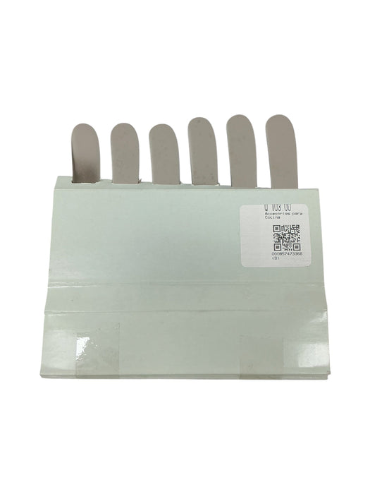 Set 6 cuchillos mantequilleros - vista trasera del soporte con etiqueta de precio y código QR