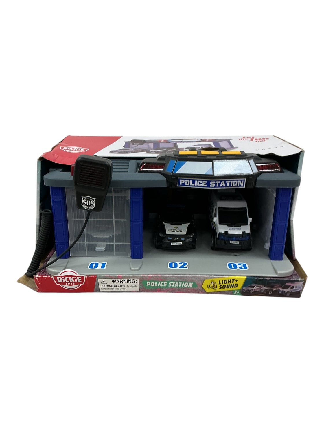 Dickie Toys Police Station - vista frontal en caja con 2 vehículos y micrófono SOS