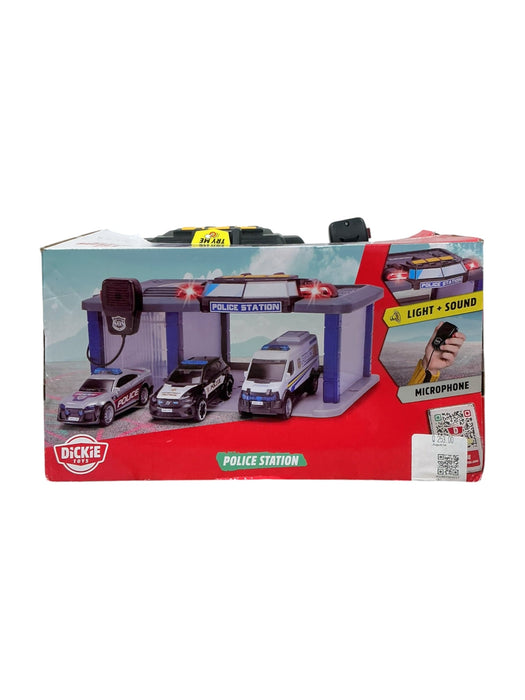 Dickie Toys Police Station - vista lateral derecha de la caja con imagen del set completo con 3 vehículos