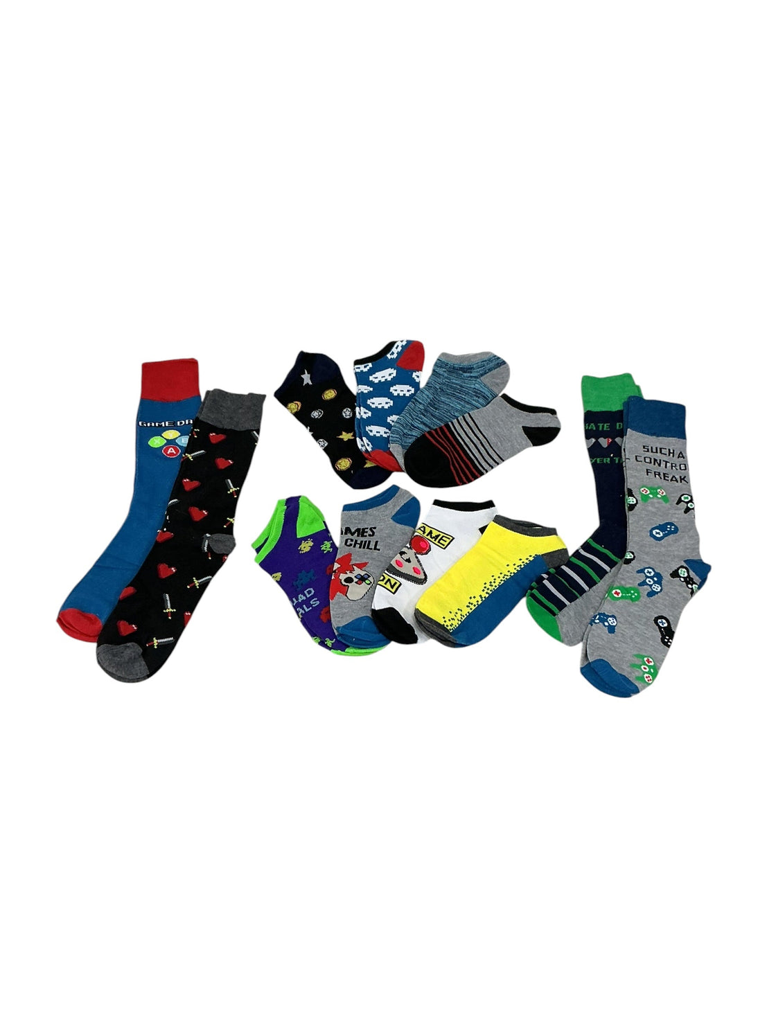 Set calcetines gamer - 4 pares tobilleros: estrellas, calaveras, jaspeado y rayas