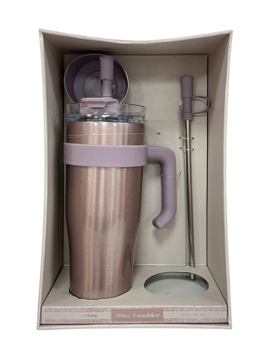 Tumbler 30oz Rose Gold True Living - vista frontal en empaque regalo con ventana