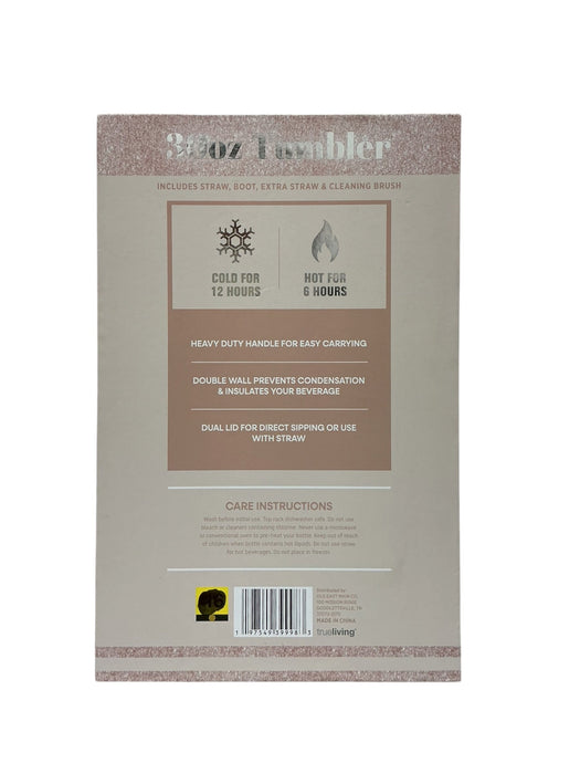 Tumbler 30oz True Living - vista trasera del empaque con especificaciones térmicas