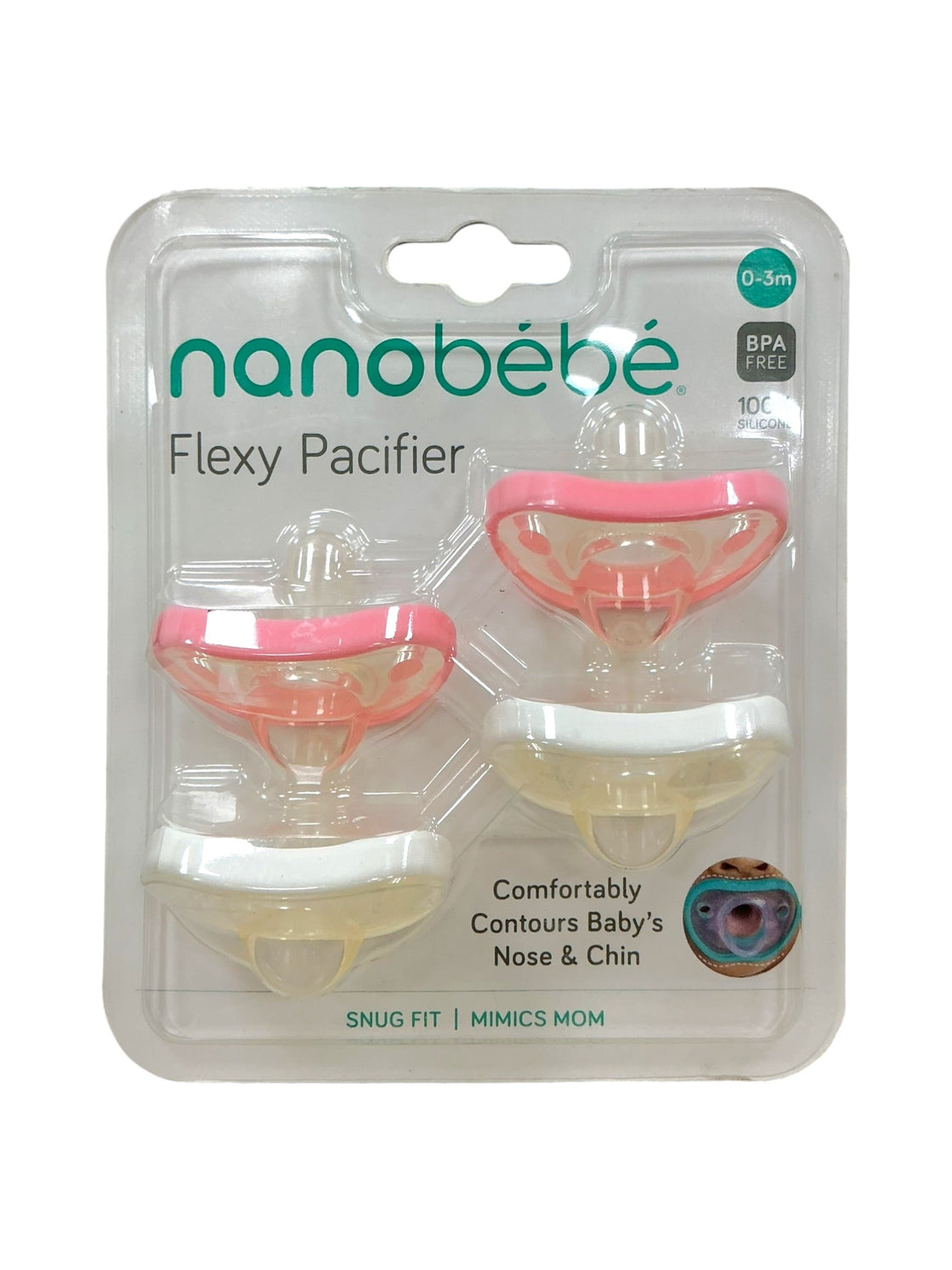 Set 4 chupetes Nanobébé Flexy Pacifier - empaque frontal rosa y blanco 0-3 meses