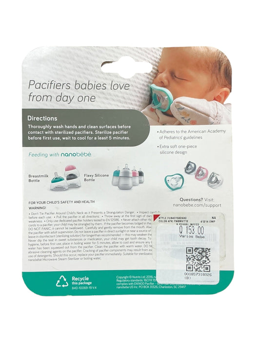 Set 4 chupetes Nanobébé Flexy Pacifier - reverso del empaque con instrucciones y advertencias
