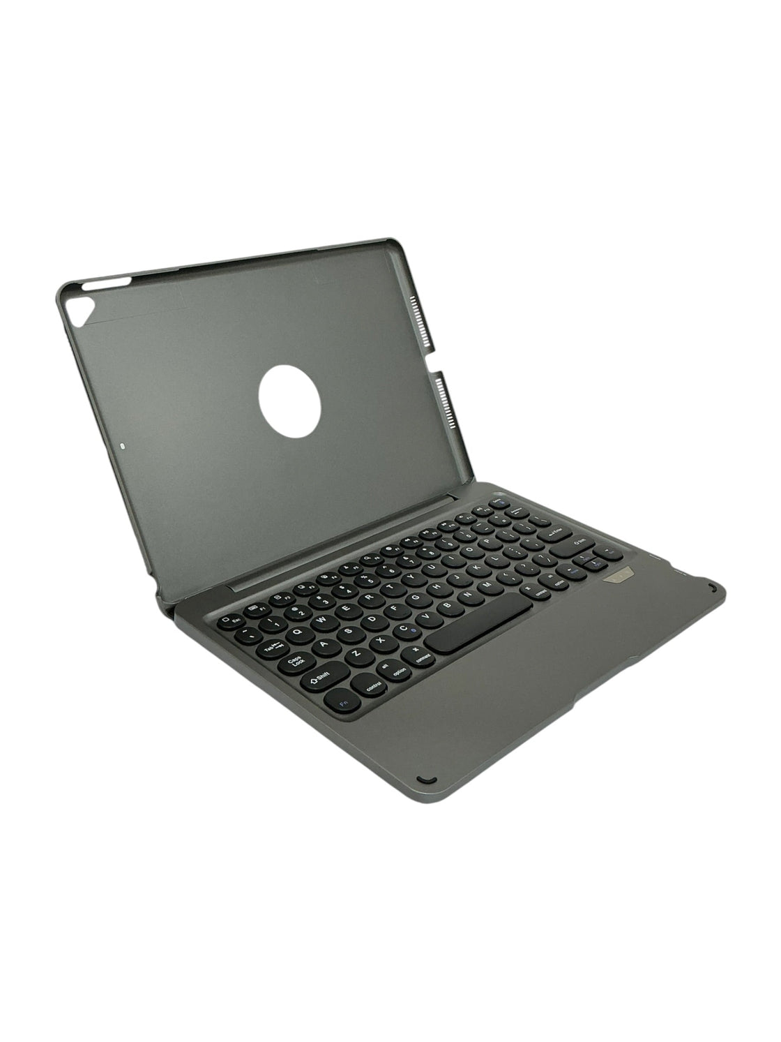 Teclado Bluetooth con funda iPad abierto - vista lateral con teclas redondas