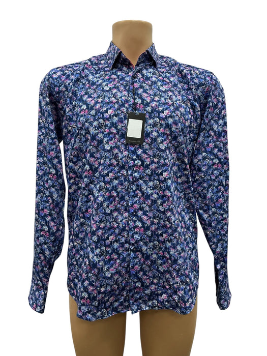 Camisa Mizumi floral azul marino - vista frontal con etiqueta
