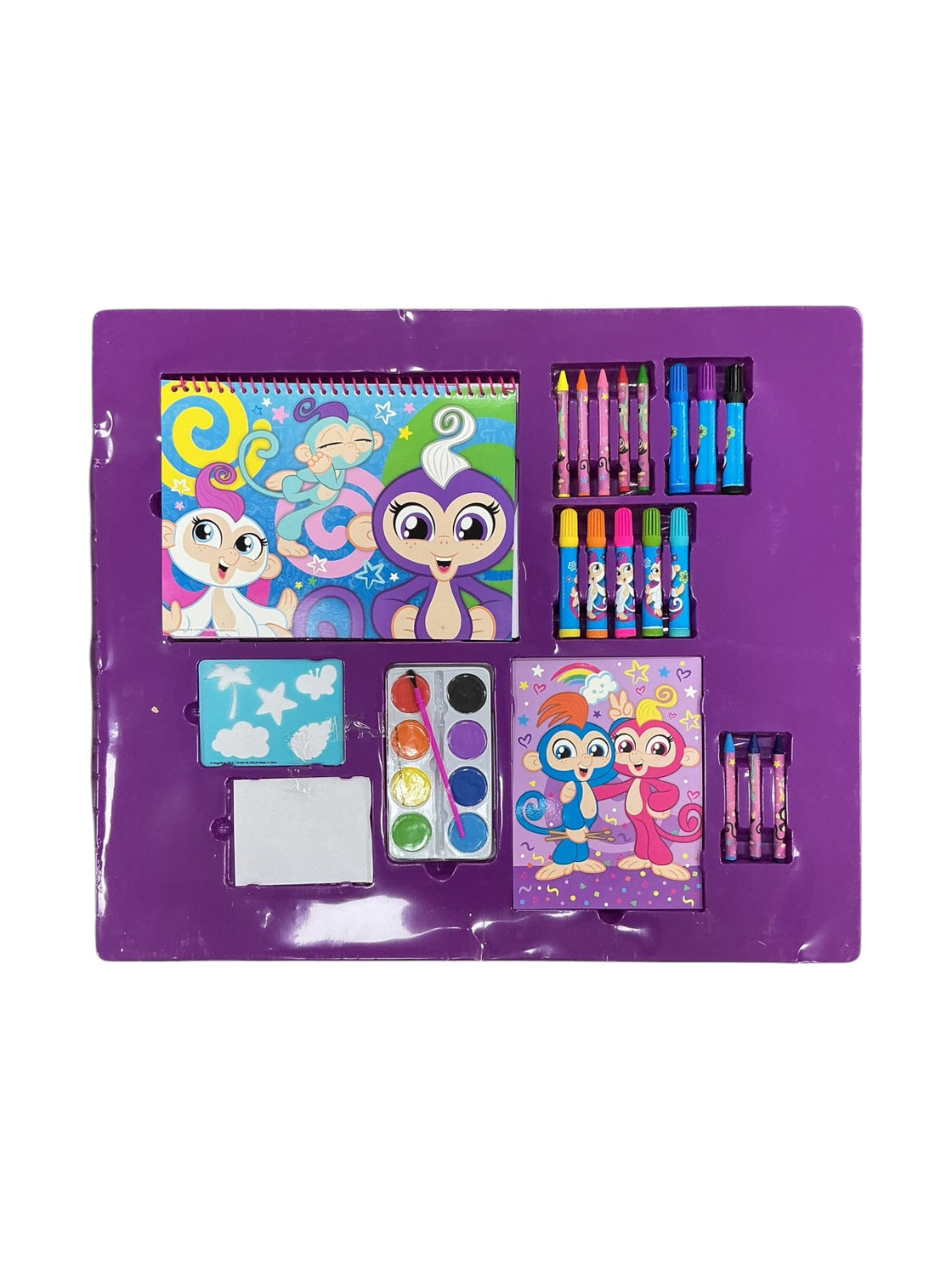 Set Arte Fingerlings - contenido completo desplegado en bandeja morada