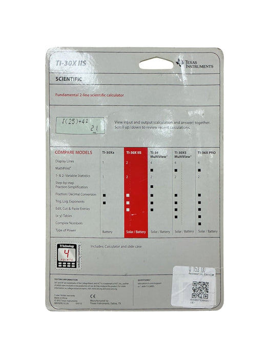 Calculadora TI-30X IIS Texas Instruments - vista trasera del empaque con tabla comparativa de modelos