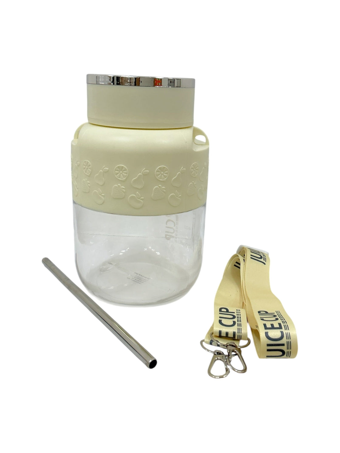 Ton Barrel Juice Cup - vaso beige con popote de acero y correa bandolera sobre fondo blanco