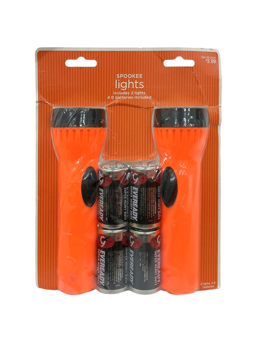 Set 2 Linternas Spookee Lights - vista frontal en empaque original naranja con 4 pilas D Eveready